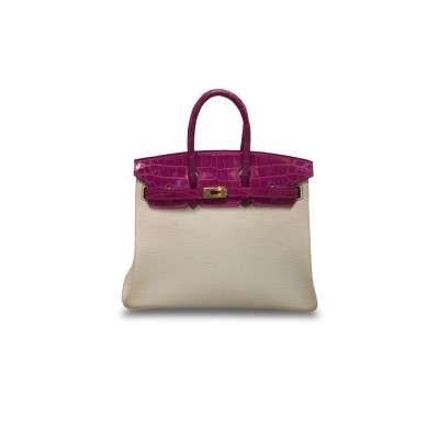 HERMÈS MASTER BIRKIN 25 CROCODILE AND TOGO LEATHER PURE WHITE AND PURPLE WITH GOLD BUCKLE H076216CK47 (25*20*13cm)